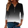 Women's Fashionable Casual Color Block Gradient Print V-Neck Button Three-Quarter Sleeve T-Shirt Top