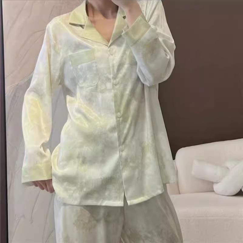2025 Spring/Autumn Women's Ice Silk Sweet Pajama Set - Long-sleeve, Thin, High-end, Cute, Two-piece Homewear