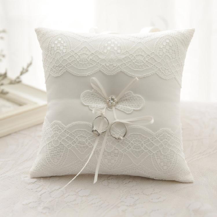 Délicat Cérémonie de Mariage Fête Perles Dentelles Anneaux Oreillers Coussins Porteurs pour Fiançailles Demande en Mariage Décoration Blanc