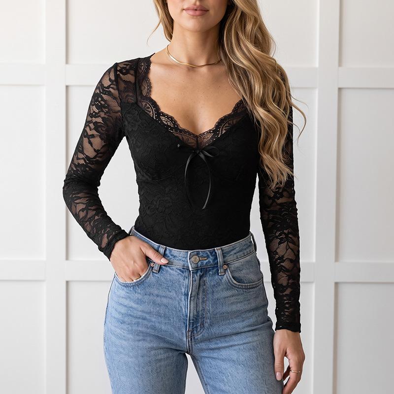 New Autumn-winter Sexy and Intense Style V-neck Bow-stringed Sheer One-piece Dress with See-through Effect