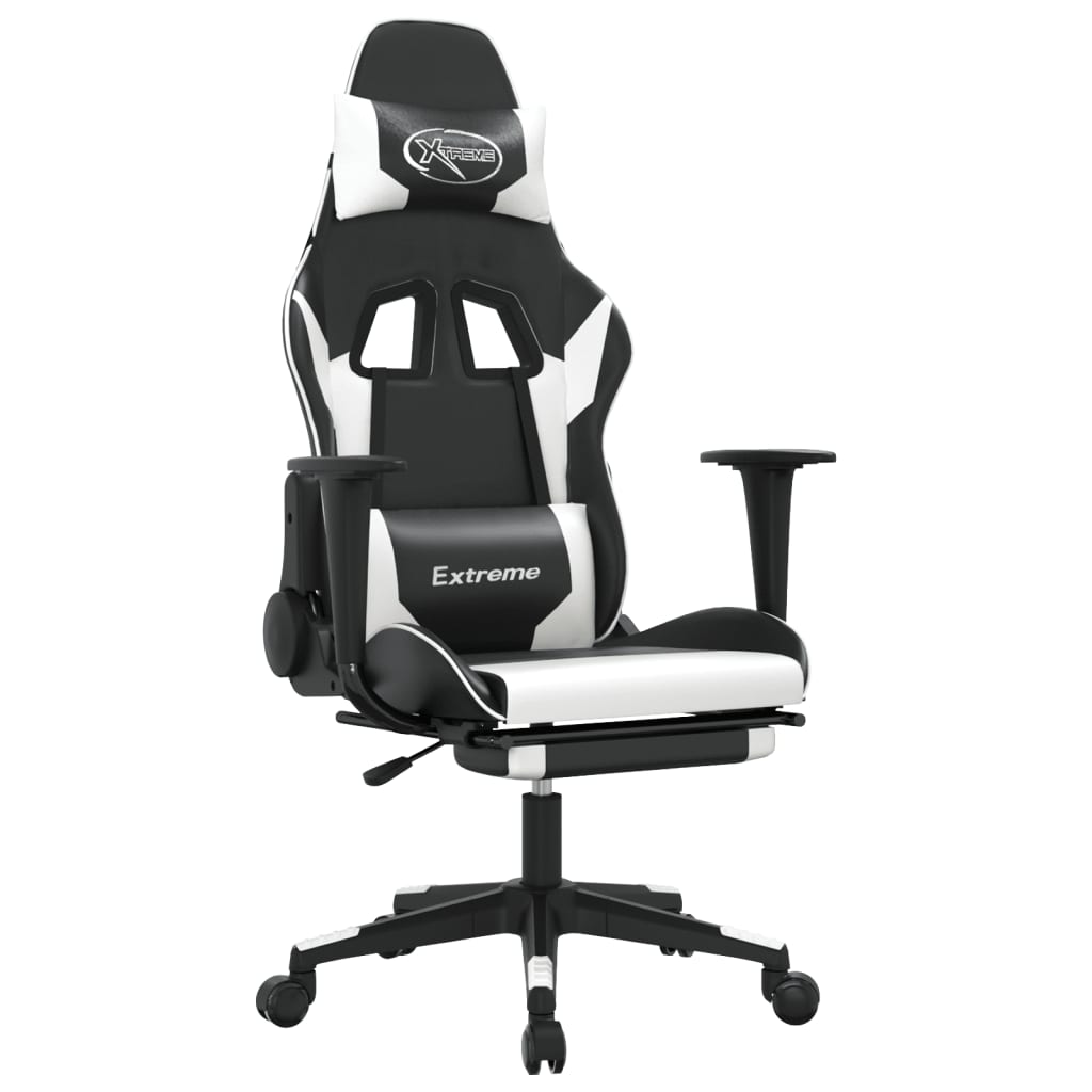Gaming Chair with Massage Function & Footrest Black & White PU Leather
