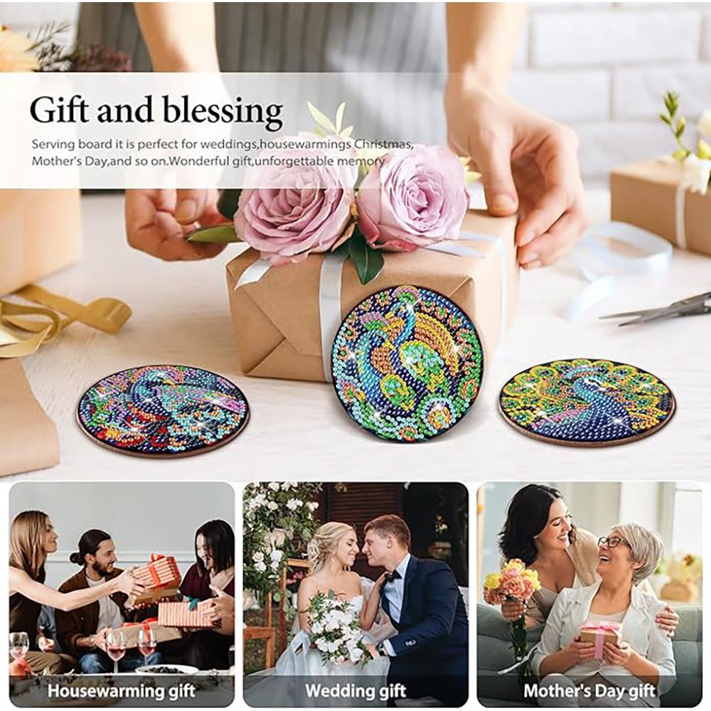 8 Stück/Set mit diamantbemalten Pfauen-Holzuntersetzern mit Klammern, DIY-Untersetzer für Anfänger und Erwachsene, Kunst- und Bastelbedarf, Geschenke