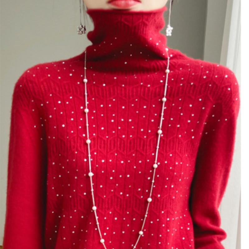 

Осень и Зима Первая линия Готовая одежда Вязаные свитера с высоким воротником Шерстяная базовая рубашка для женщин Жаккардовый трикотаж с высоким воротником XXL