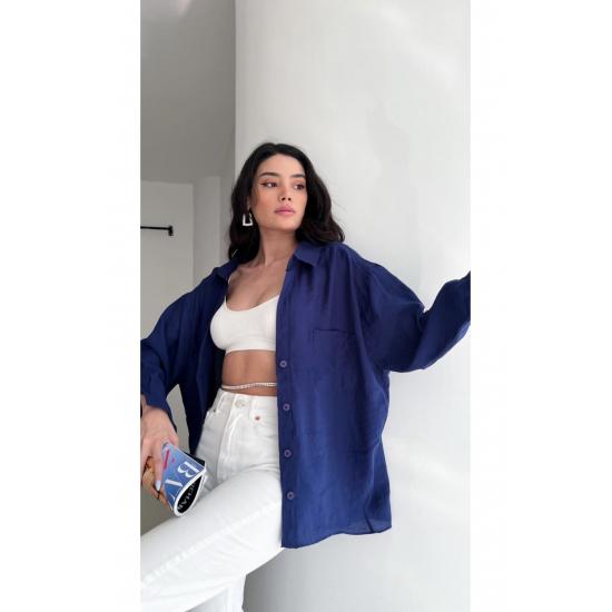 Cămașă de damă cu buzunar supradimensionat, cu umăr în jos