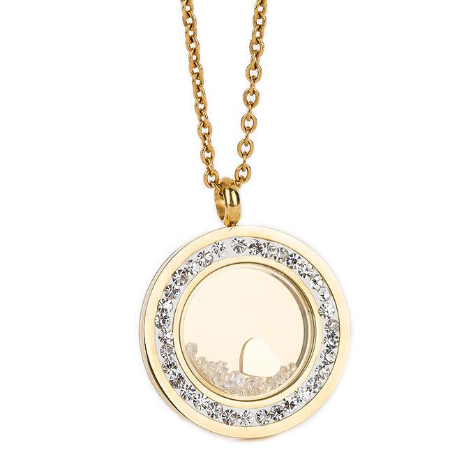 Korean Style 30MM Round Rhinestone Heart Stainless Steel Necklace for Women