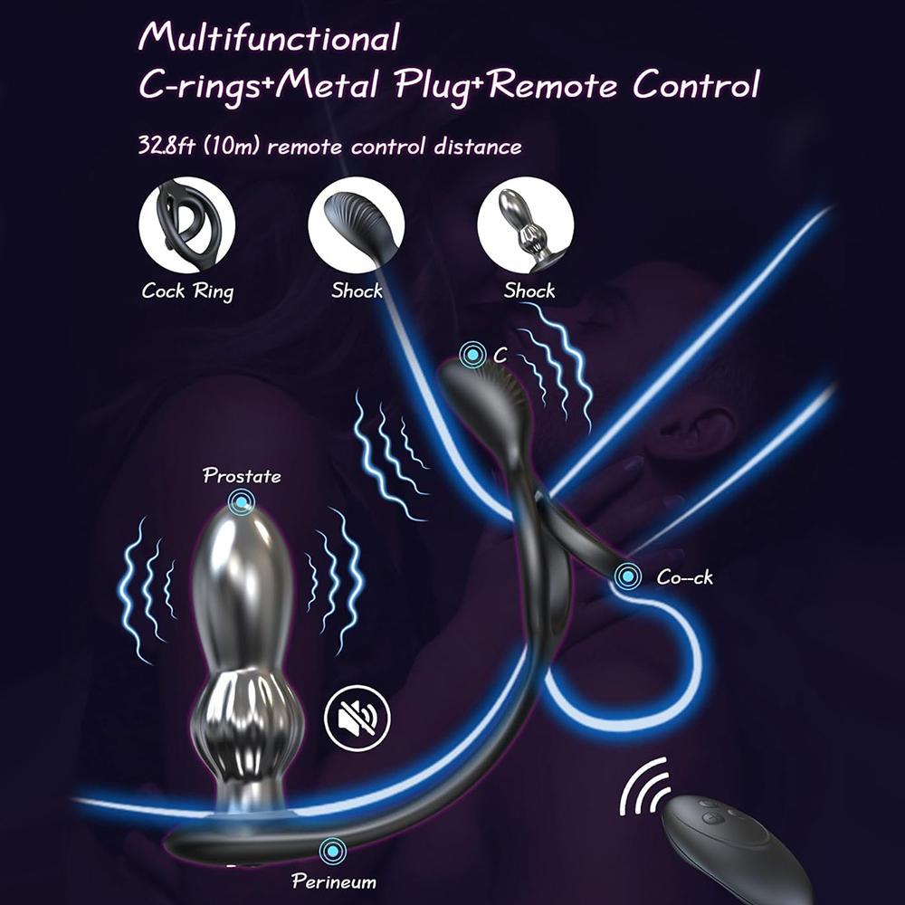 Vibrační erekční kroužek Masážní přístroj na prostatu Duální motorový pár Vibrátor Kovová anální zátka Duální kroužek na penis Klitoris Stimulátor Sexuální hračky pro dospělé pro muže Dálkové
