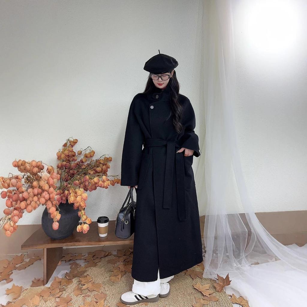 Stand Collar, Tie Waist, Double-sided Cashmere Coat for Women, Autumnal and Winter Korean Style Long Knee-length Loose Woolen Coat