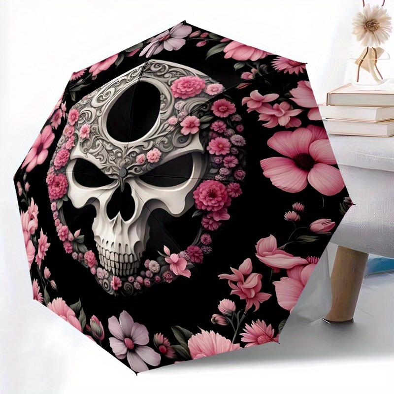 1pc Skull Flowers Automatic Open/close Folding Compact Umbrella, 8-Rib Sturdy Canopy, Lightweight Portable, Everyday Use, Gift, Outdoor Umbrella, Trav