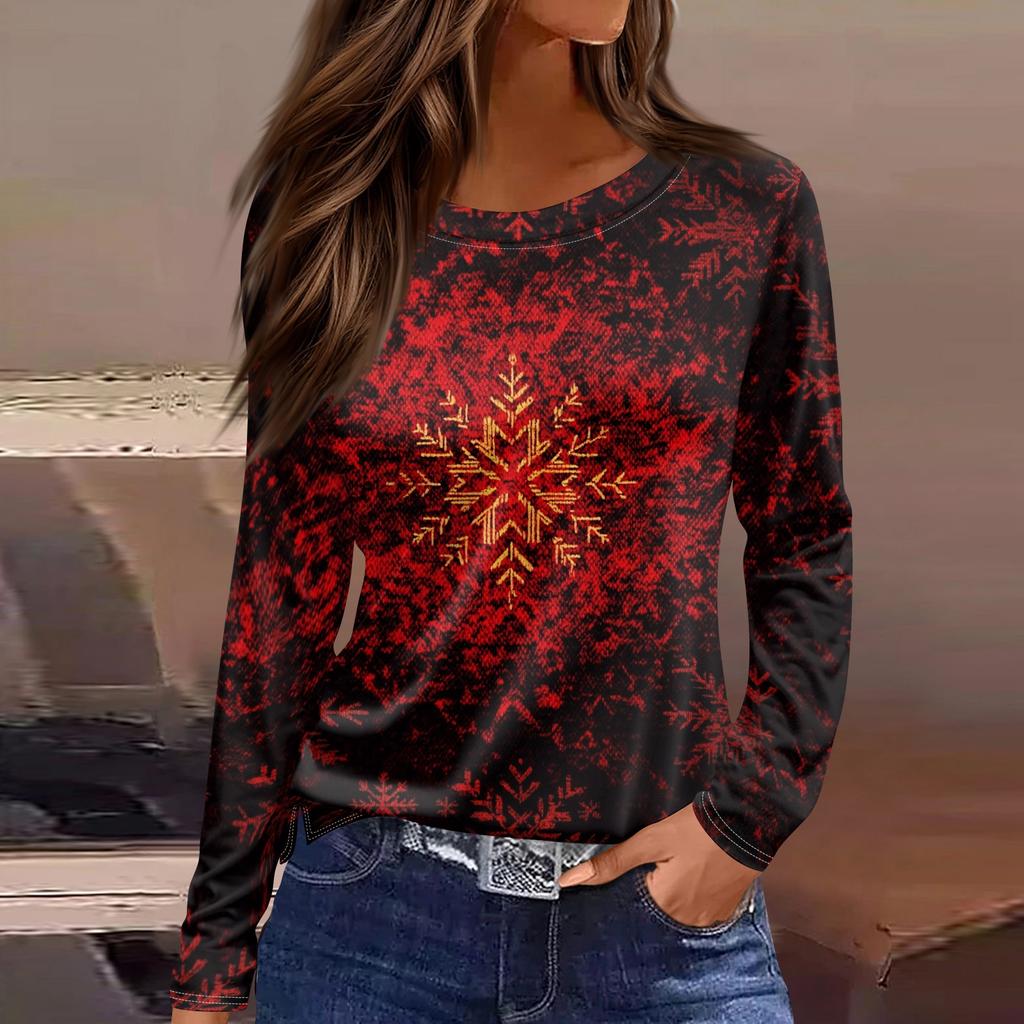 Women's Fashion Casual Slit Hem Round Neck Long Sleeve Loose Printed T-Shirt Ladies Top Christmas
