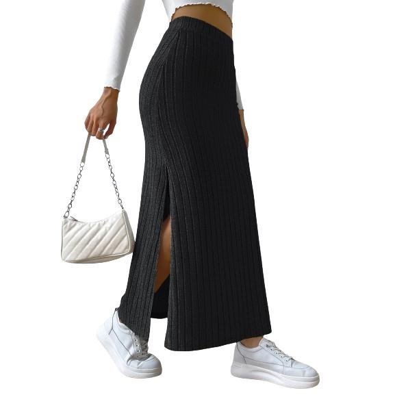 Gerippter Strickrock für Damen, hohe elastische Taille, Schlitz, langer Retro-Rock