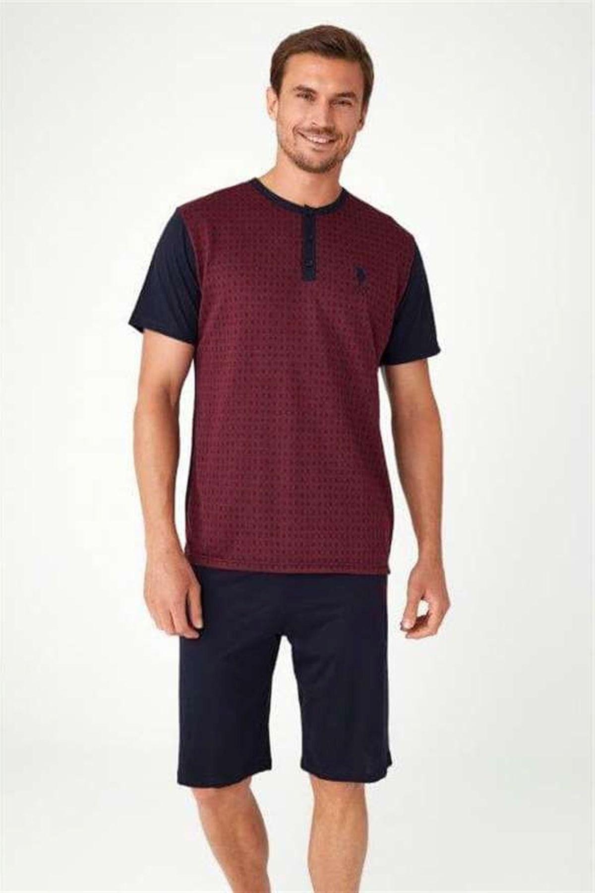 

12031 Мужской красный пижамный костюм-тройка с шортами бордового цвета