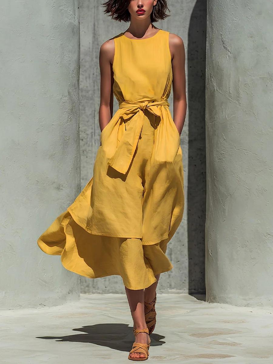 New best-selling sleeveless dress, round neck, tie, waist-cinching, irregular long hem long dress S