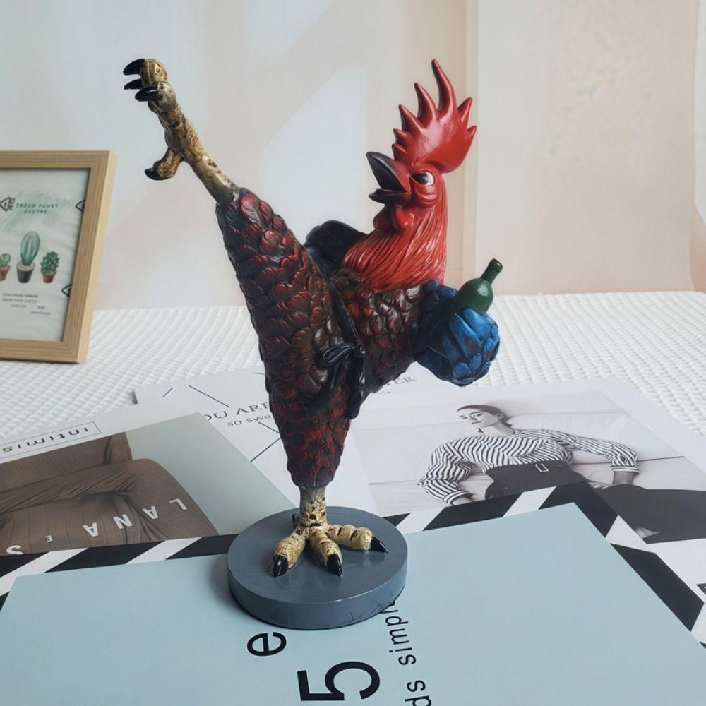 Creative Rooster Sculpture Funny Animal Miniatures Figurine Drunken Kung Fu Chicken Statue  Farm