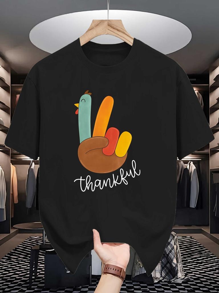 Unisex Short Sleeve T Shirt Thankful Turkey Peace Hand Thanksgiving Graphic Tees Loose Fit Casual Unisexs Top For Holiday Street Wear