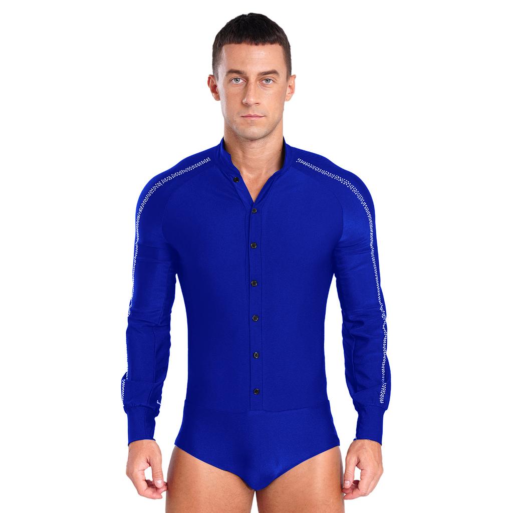 Mens Latin Dance Shirt Raglan Sleeve Stand Collar Button Front Sparkly Rhinestone Leotard Competition Costume