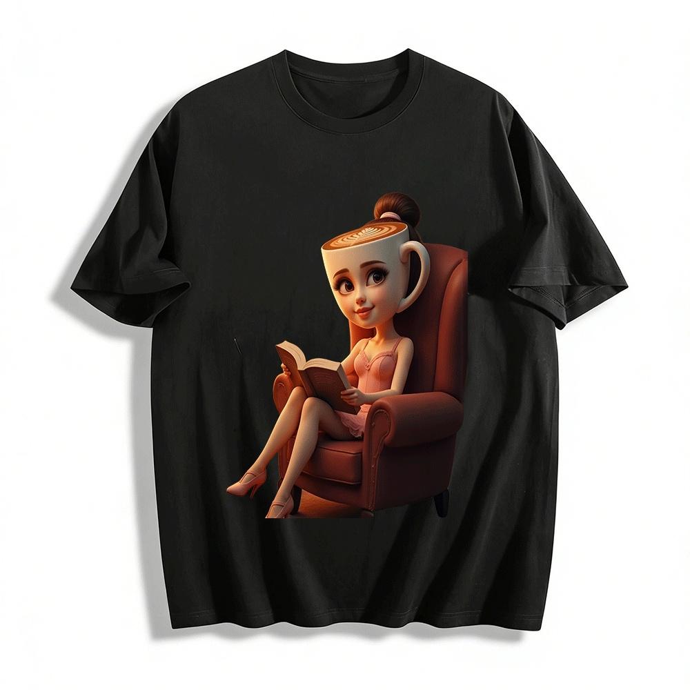 

Coffee Head Girl Reading Print Casual T-Shirt Pure cotton T-shirt XXS