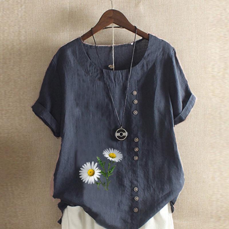 Women's Fashion Round Neck Short Sleeve T-shirt Casual Cotton Linen Graphic Shirt Chrysanthemum Prined Summer Blouse Tops Plus Size