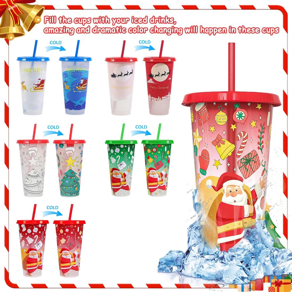 Christmas Color Changing Mugs Large Capacity Cold Feeling Cups with Straw Two Piece Father Christmas Coffee Tea Holiday Gift