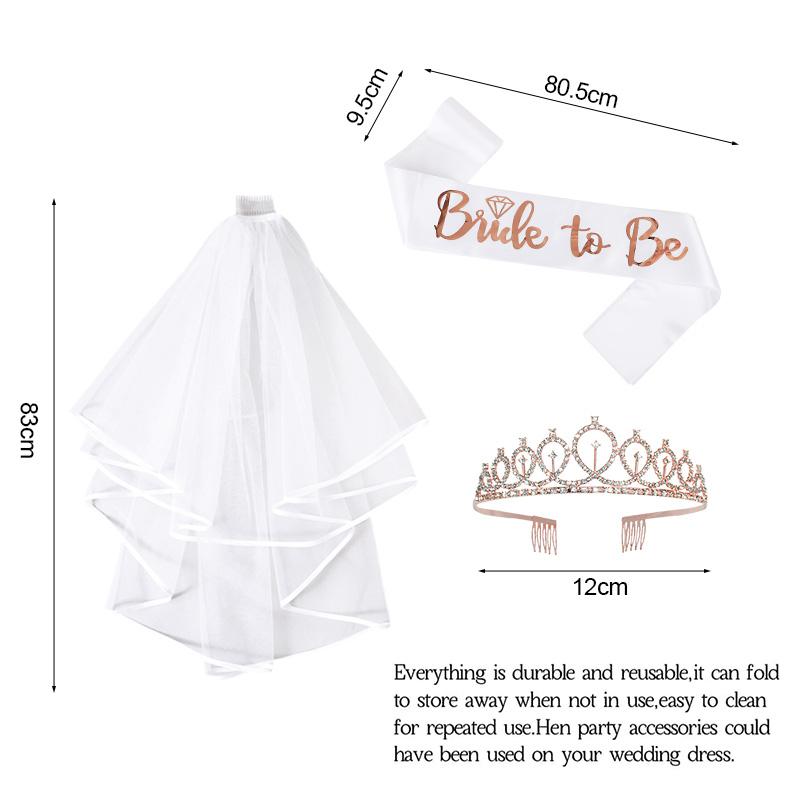 Hen Party Bride To Be Sash White Veil with Comb Rhinestone Tiara for Wedding Bridal Shower Decoration Bachelorette Party Gifts