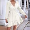 Women V Neck Long Lantern Sleeve Dress, Ruffle Hem A Line Flowy Dress, Elegant Commuter Midi Dress for Spring