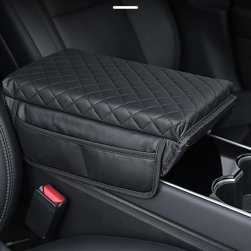 Car Armrest Pad Thicken Memory PU Leather Quilted Foam Center Console Box Cover Elbow Rest Protect Cushion With Storage Pocket