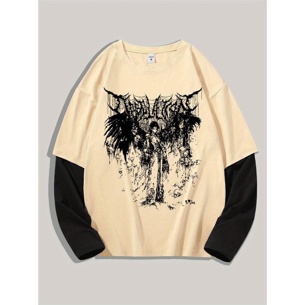 Gotische Duistere Engel Mode Print Heren Lente Kleurblok Lange Mouw T-shirt