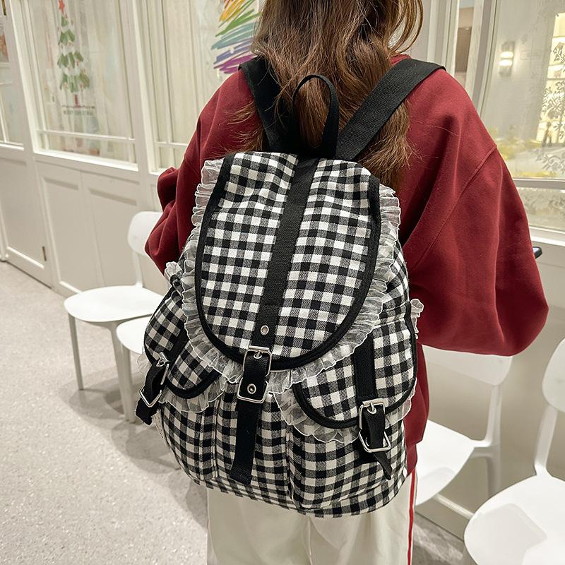 College Style Schoolbag for Female Junior High School Students Black and White Plaid Lace Backpack Large Capacity High School Student Backpack Tide