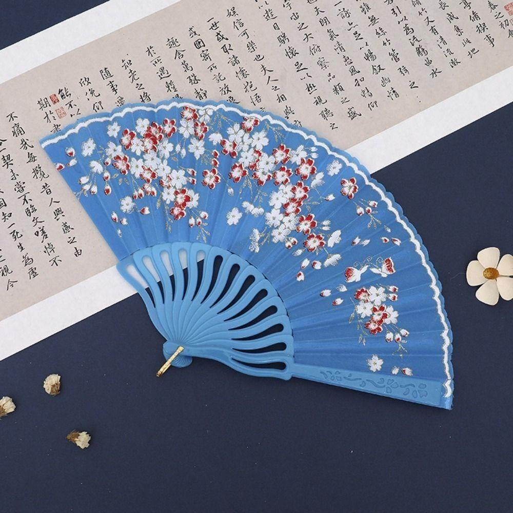 Elegent Chinese Style Plum Blossom Fan Plastic Dance Performance Props Antique Folding Fan Flower Pattern Cloth Dance Fan