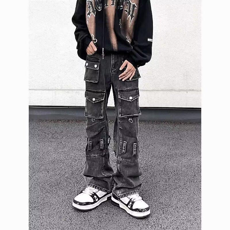 JYL Men s Flare Jeans European Multi-Pocket Patch Niche Trendy Casual Denim 2XL амарантовый