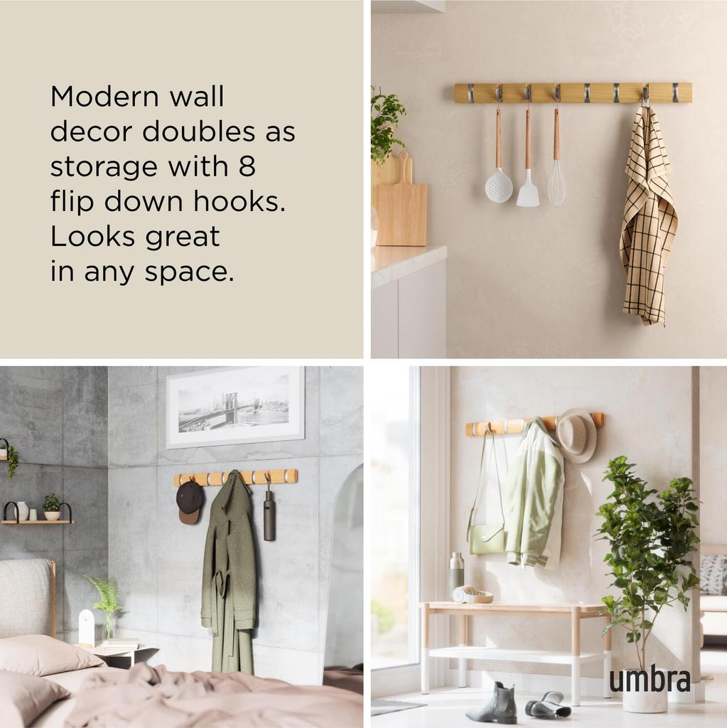 Official Umbra Wall Wall Hanger Storage Flip Natural Hooks, Hooks, Wooden, Modern, Casual, Organizing, Space-Saving, 8-Row Hook, 2318858390,