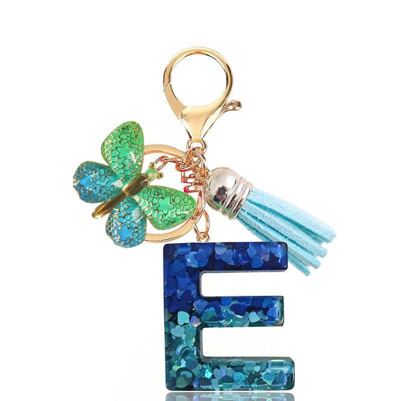 Fashion Blue Glazed Stone A To Z Letter Keychain 26 Initials Alphabet Butterfly Tassel Pendant Car Key Chain Women Jewelry GIfts