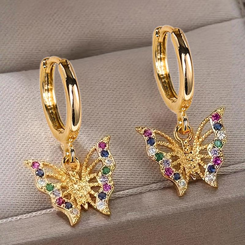 Huitan Hollow Butterfly Drop Earrings Inlaid Colorful Shiny CZ Cute Trendy Party Daily Versatile Accessories Gold Color JewelryGood product