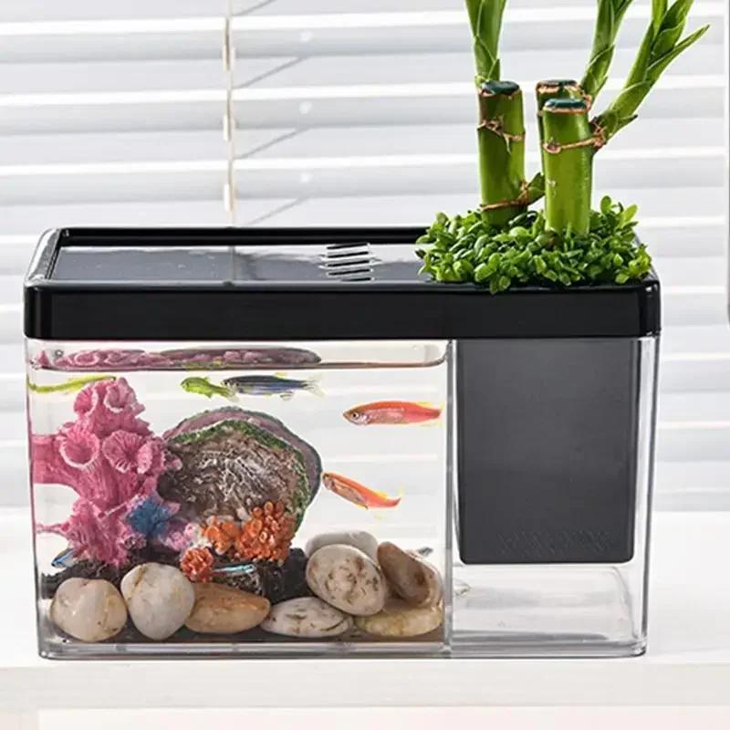 Aquarium Mini Fish Tank Ornamental Fish Table Box Landscape Creative Small Tropical Tank Table Fish Tank Organizer Storage