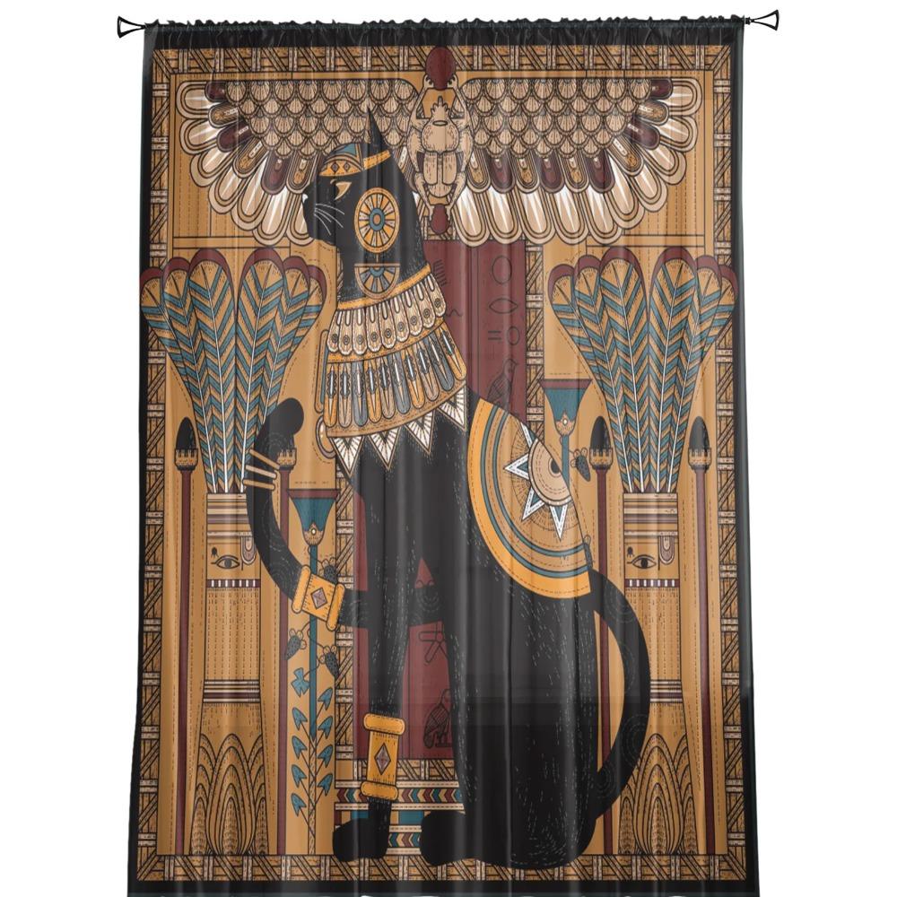 Ideal for Living Room Bedroom Space Space Decoration Window Opening Voiles Morning Tulle Drape1 - Ancient Egypt Art Cat Feather Retro Sheer Curtains