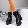 Women's Chain Decor Block Heeled Boots Fashion Lace Up Side Zipper Platform Boots Stylish Ankle Boots High Heels