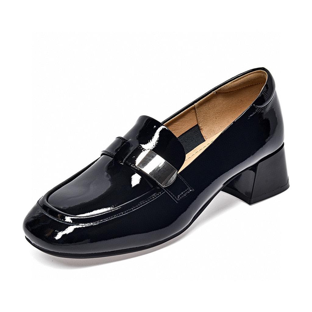 Single shoes women's shoes spring new square head middle heel cow patent leather square buckle small leather shoes four seasons shoes