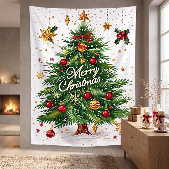 Festive Window Hanging Merry Christmas Tapestry, Wall Fabric Backdrop, Xmas Tree Winter Holiday Party Scene Decoration Art for Living Room,