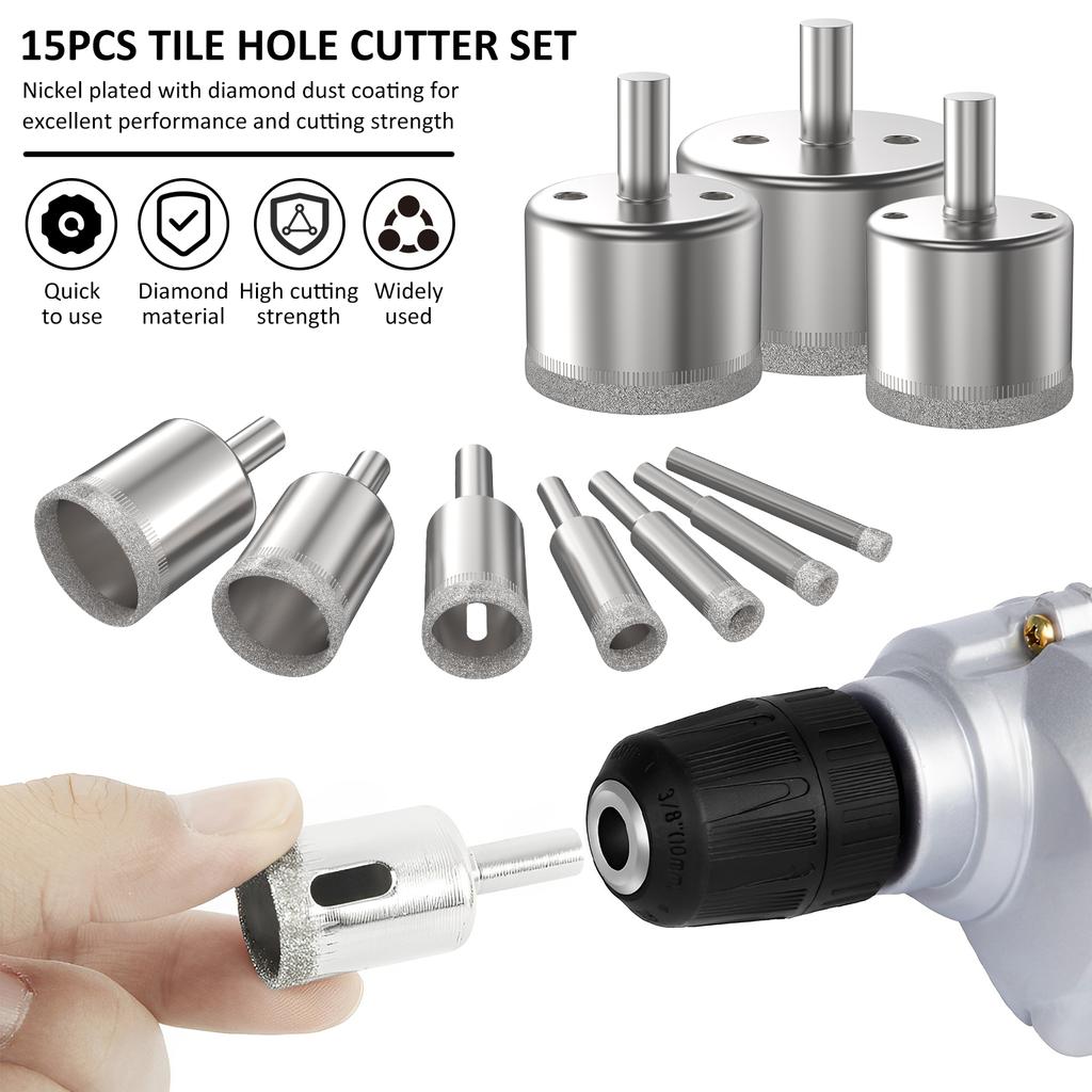 15PCS Diamond Coated Drill Bits Glass Hole Saw 6-50mm 15 Sizes Glass Hole Opener Tile Marble Granite Hole Opening
