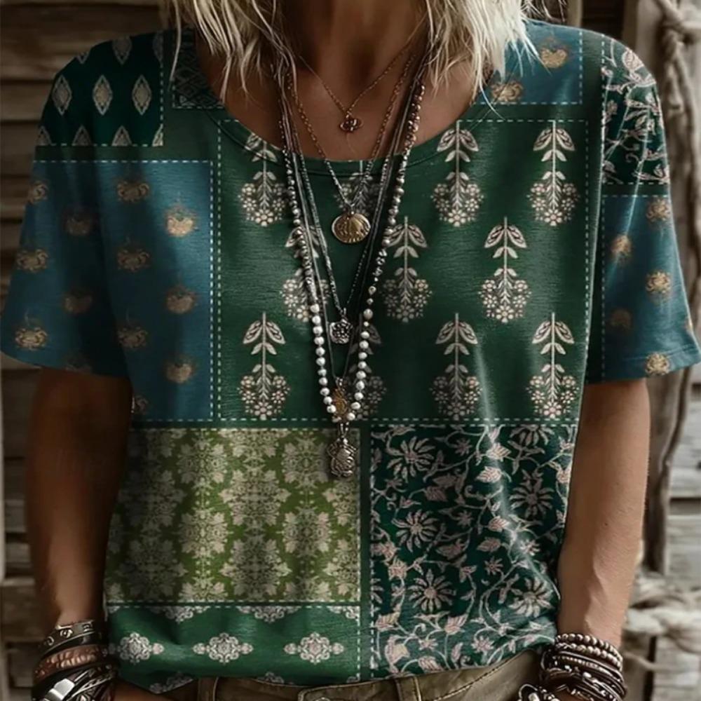Bohemian Paisley Print Women T-Shirt Vintage Ethnic O-Neck Short Sleeve Casual Tops Loose Boho Summer Tee Plus Size Tees