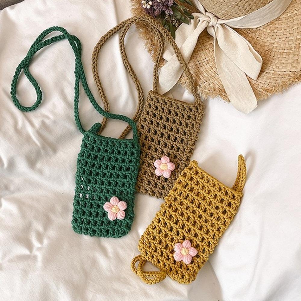 Sweet Flower Weaving Crossbody Bag Hollow Square Crochet Phone Bag Solid Handmade Knitted Messenger Bag Outdoor