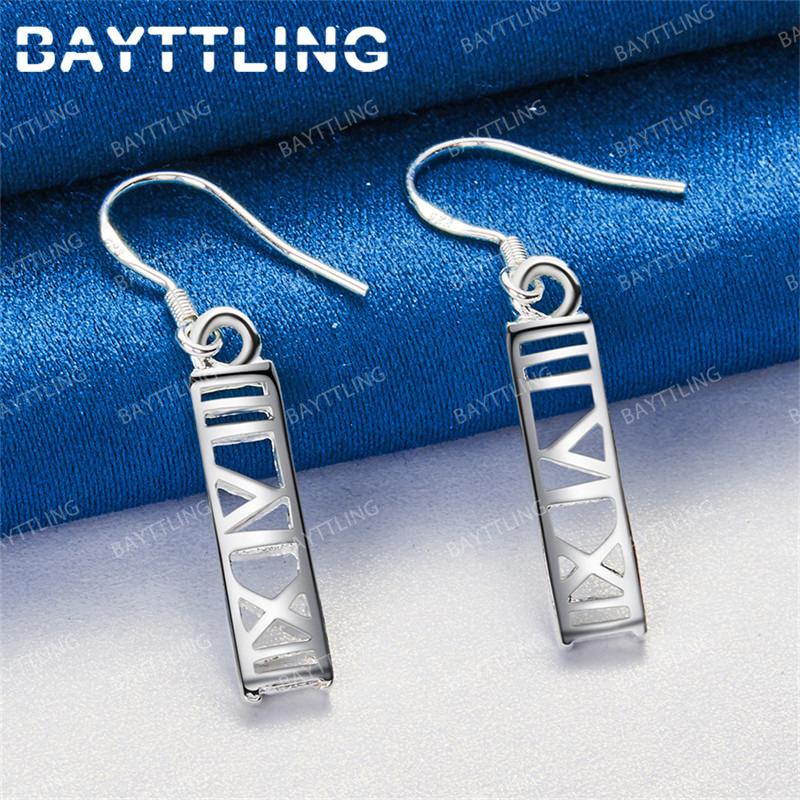 Stylish 925 Sterling Silver Delicate Rectangular Hollow Out Pendant Earrings for Women Elegant Wedding Jewelry Gift Accessories