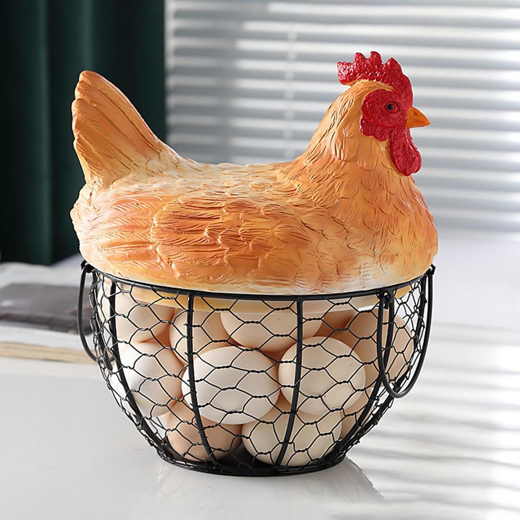 Vintage Metal Egg Gathering Basket with Hen Lid Storage Holder for Fruit Snack Easter Farmhouse Kitchen Desktop Decorations