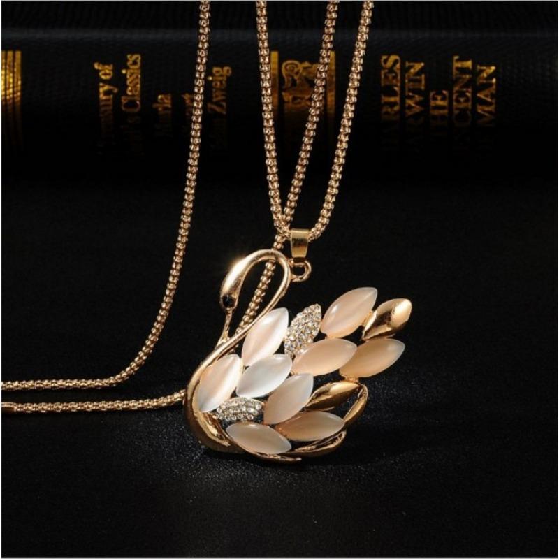 Charms Crystal Necklace for Women Gold Color Statement Chain Necklace Cat's Eye Delicate Swan Pendan