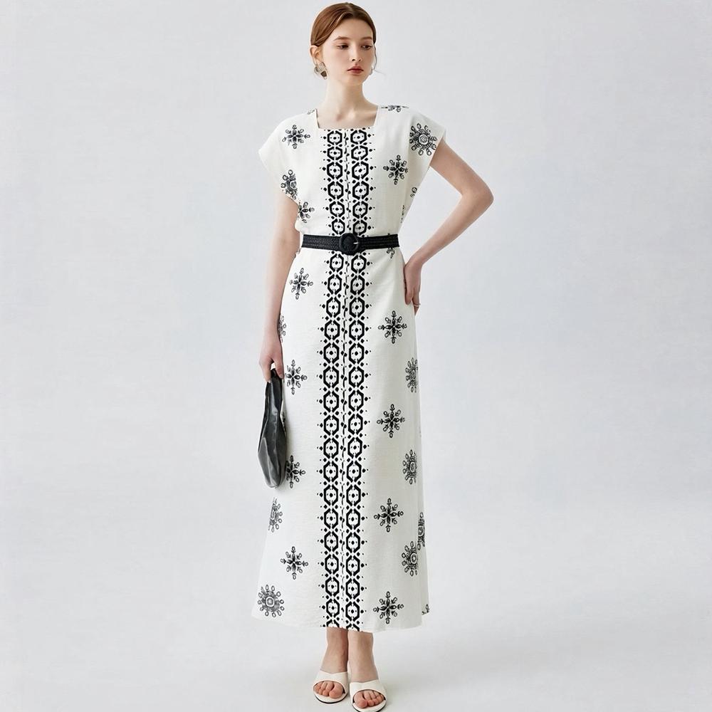 Women's Square Collar Sleeveless Loose Summer Dress Bohemian Vintage Print Long Maxi Dress with Belt