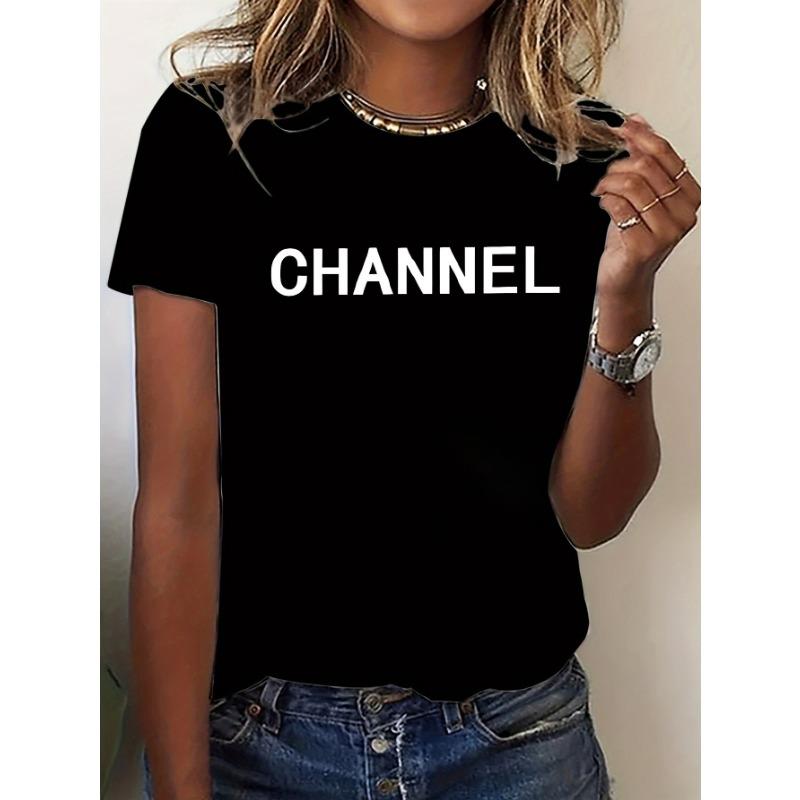 Machine Washable Women's Casual Elegant Fashion CHANNEL Graphic T-shirt - Crew Neck Short Sleeve Top