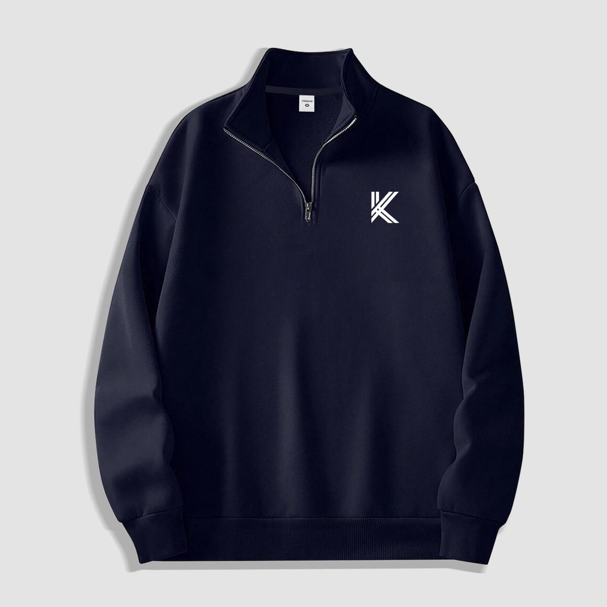 

Everyday Versatile “K” Print Half-Zip Sweatshirt: A Simple, Casual, Loose-Fit Sweatshirt with a Stand-Up Collar XXL темно-синього кольору