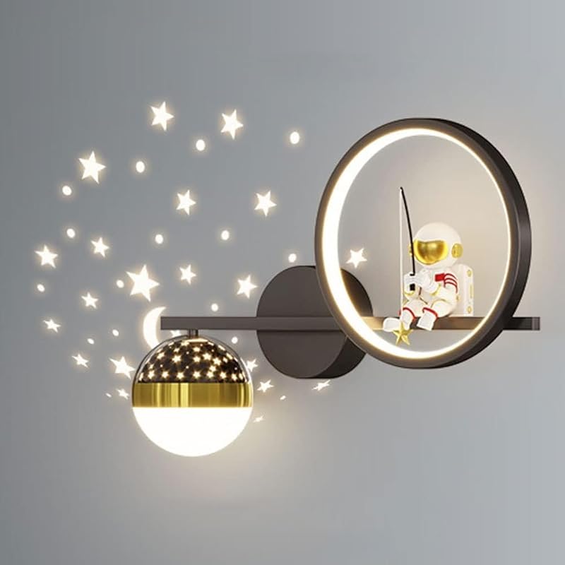 Astronaut Dimmable LED Wall Sconces for Kids Bedroom Moon Star Projection Ball Mid Century Modern Wall Light Gold White Black Bedside Wall Mounted