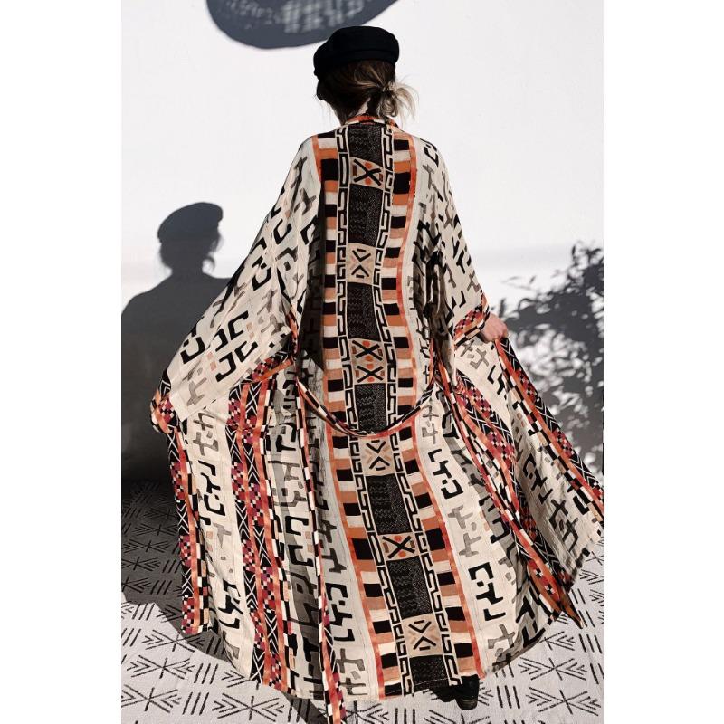 Moda feminina primavera outono estampa geométrica manga comprida decote em v cintura solta vestidos casuais