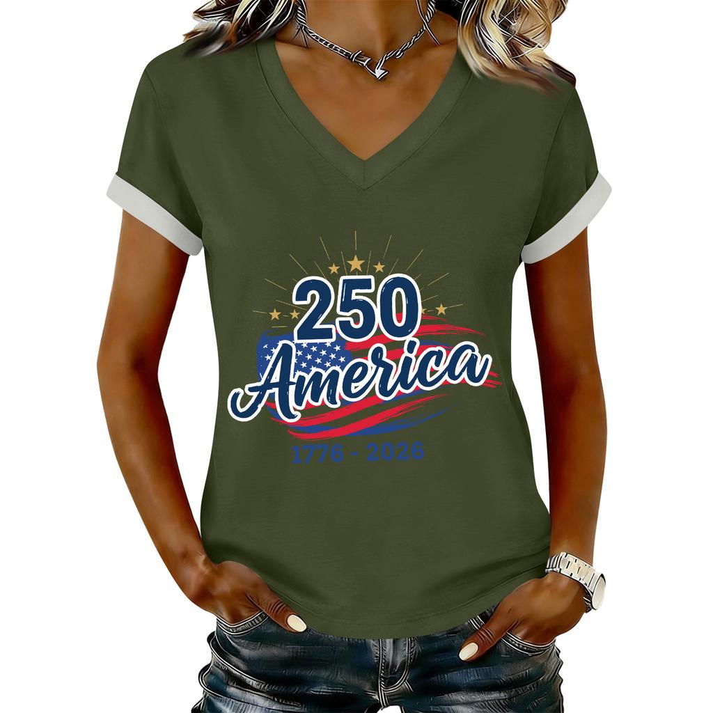 Women's Casual Printed T-Shirt V Neck Pullover Short Sleeve Top