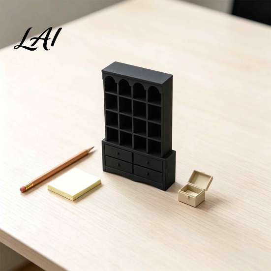 Sand Table Landscaping Props Miniature Dollhouse Bookcase 1:12 Scale Retro Arched Display Cabinet with Drawers Furniture Matte Black Simulation for